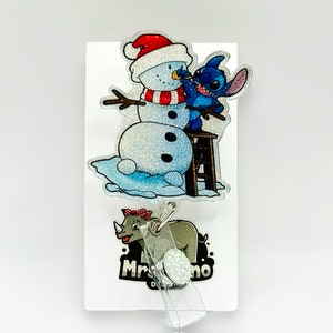 Stitch Building a Snowman Retractable ID Badge Reel Nurse Teacher