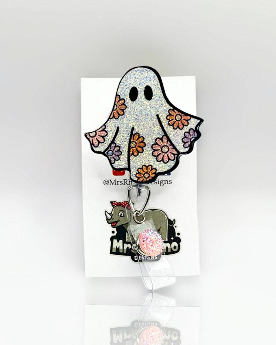 Ghost with flowers Retractable ID Badge Reel nurse teacher badge reel