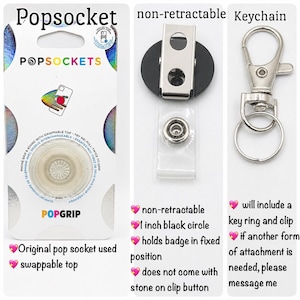 Op de afbeelding: Een PopSocket telefoonhouder in de originele verpakking, een niet-intrekbare zwarte ronde badgehouder van 2,54 cm met metalen clip, en een zilverkleurige metalen sleutelhanger met een karabijnhaak en ring voor het bevestigen van voorwerpen.
