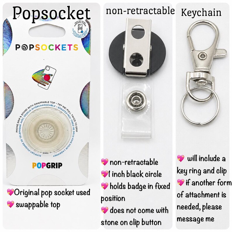 Op de afbeelding: Een PopSocket telefoonhouder in de originele verpakking, een niet-intrekbare zwarte ronde badgehouder van 2,54 cm met metalen clip, en een zilverkleurige metalen sleutelhanger met een karabijnhaak en ring voor het bevestigen van voorwerpen.