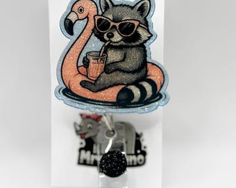 Raccoon on Flamingo Float Glitter Badge Reel: Nurse Teacher ID Holder