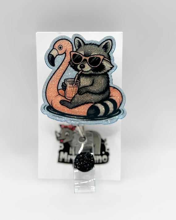 Raccoon on Flamingo Float Glitter Badge Reel: Nurse Teacher ID Holder