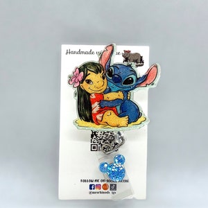 Lilo and Stitch Hugging . Retractable ID Badge Reel Nurse Teacher