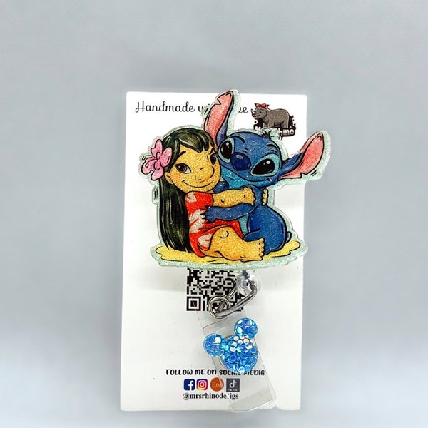 lilo and stitch hugging . Retractable ID Badge Reel nurse teacher badge reel