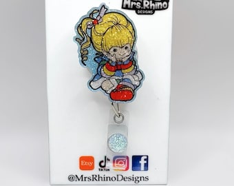 Sparkly Glitter Retro 80s Rainbow Cartoon Inspired Badge Reel | Cute Handmade Retractable ID Holder | Nurse Teacher Office Accessory