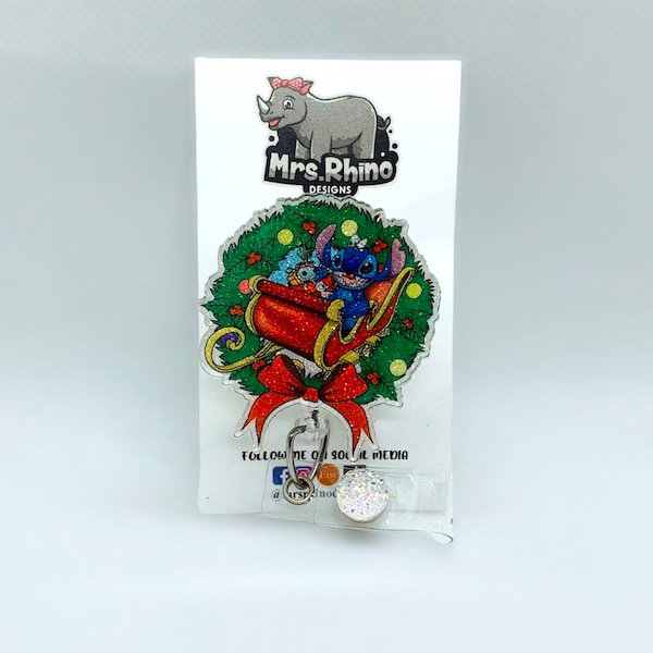 Carrete retráctil para insignias con corona navideña de Stitch y Scrump