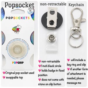 May include: A PopSocket phone grip in its original packaging, a black non-retractable 1-inch circular badge holder with a metal clip, and a silver-toned metal keychain with a lobster clasp and split ring, all displayed on a white background.