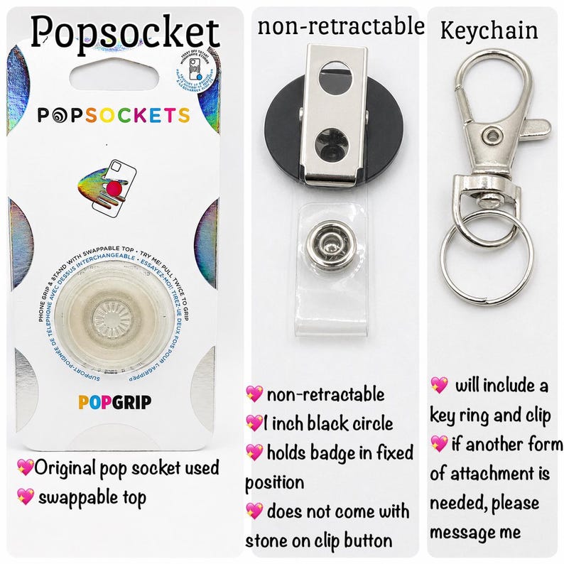May include: A PopSocket phone grip in its original packaging, a black non-retractable 1-inch circular badge holder with a metal clip, and a silver-toned metal keychain with a lobster clasp and split ring, all displayed on a white background.