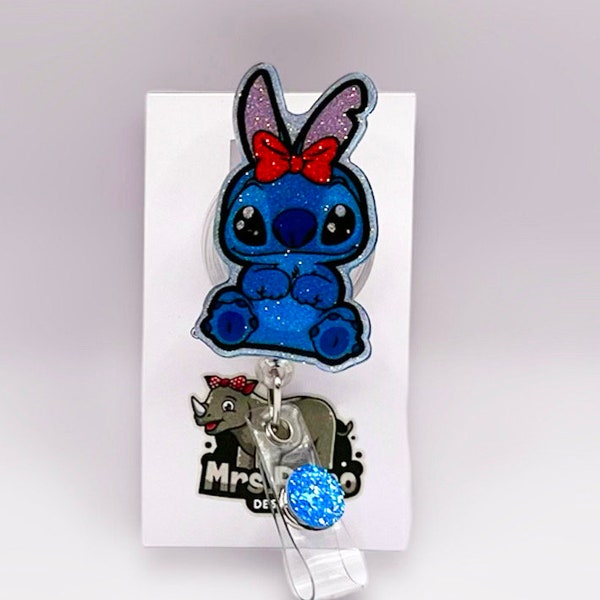 Stitch bunny bow ears Easter Retractable Badge Reel, ID Holder, Glitter Nurse Key Card, RN, Medical Gift, Louisiana Teacher Accessory
