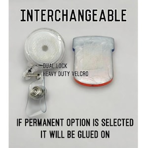 May include: A clear circular badge reel with a retractable cord and a rectangular attachment piece. Text reads: INTERCHANGEABLE, DUAL LOCK HEAVY DUTY VELCRO, IF PERMANENT OPTION IS SELECTED IT WILL BE GLUED ON. The components feature a hook-and-loop fastener.