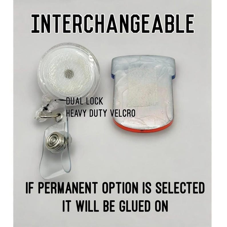 May include: A clear circular badge reel with a retractable cord and a rectangular attachment piece. Text reads: INTERCHANGEABLE, DUAL LOCK HEAVY DUTY VELCRO, IF PERMANENT OPTION IS SELECTED IT WILL BE GLUED ON. The components feature a hook-and-loop fastener.