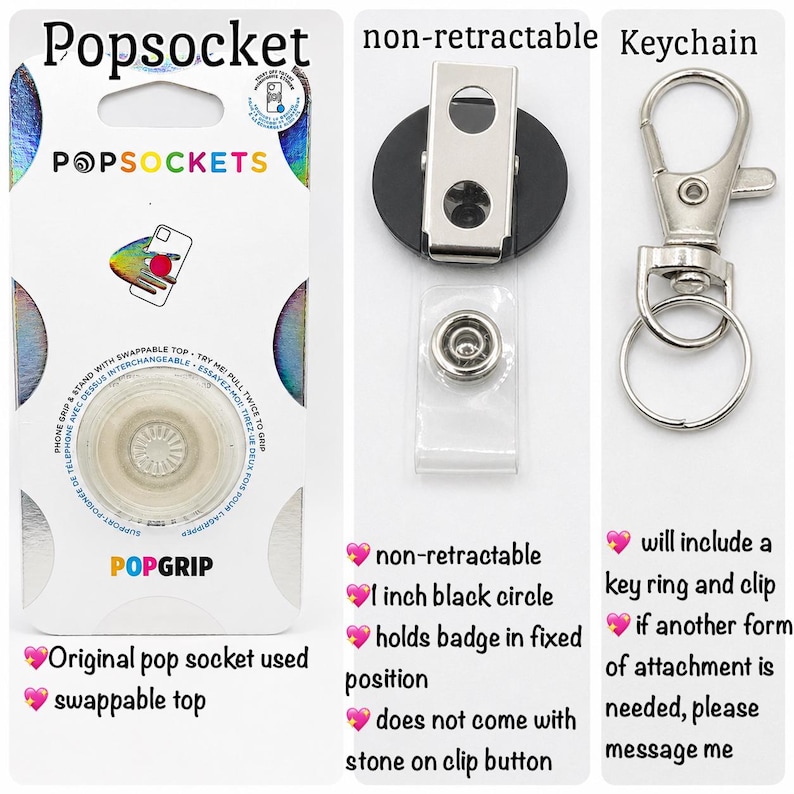 May include: A PopSocket phone grip in its original packaging, a non-retractable 1-inch black badge reel with a metal clip, and a silver-toned metal keychain. The packaging includes text describing the swappable top and phone grip functionality.
