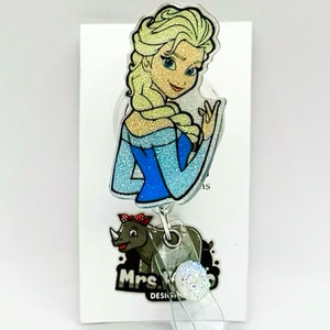 Frozen Inspired Princess Elsa and Anna Photo Glass / Bottle Cap Retractable ID Badge Reel