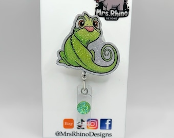 Pascal Silly Tangle Chameleon Glitter Badge Reel | Tangled Inspired ID Holder