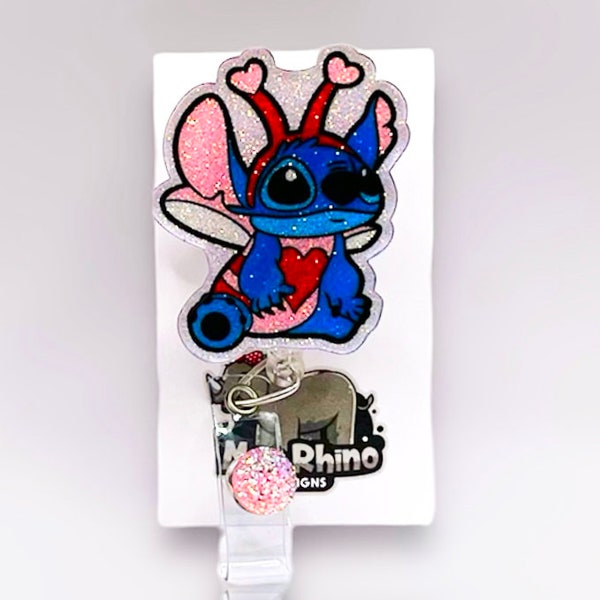 stitch love bug  Retractable Badge Reel, Valentine’s Day ID Holder, Glitter Holiday RN Key Card, Hospital Nurse Gift, Medical ID Tag