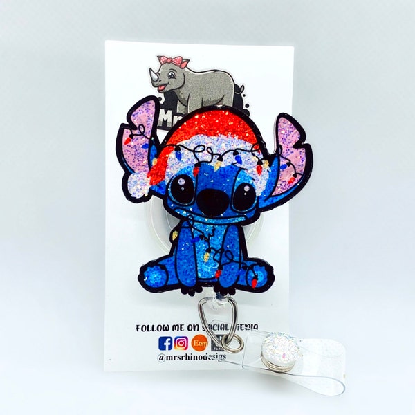 Stitch Santa hat  Christmas winter Retractable ID Badge Reel nurse teacher badge reel