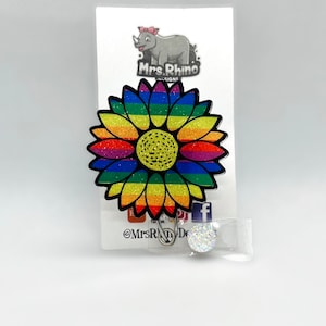 Rainbow Sunflower Glittered Badge Reel: Pride Accessory