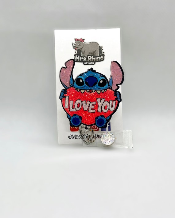 Stitch I Love You Heart Retractable Badge Reel, Valentines Day ID Holder,  Glitter Holiday RN Key Card, Hospital Nurse Gift, Medical ID 