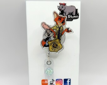 Zootopia Nick Judy Glitter Badge Reel | Retractable ID Holder, Nurse Teacher Clip