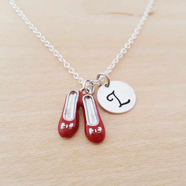 Red Ruby Slippers Charm - Dorothy Wizard of Oz Necklace - Personalized Custom Initial Silver Necklace - Gift for Her