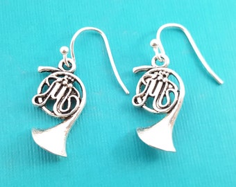 French Horn Earrings - French Horn Charms -  Sterling Silver Earrings - Silver Jewelry - Silver Charms - Silver Band Earrings - Band Charm