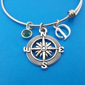 Compass Bracelet - Compass Charm - Traveler - Silver Adjustable Bangle - Silver Personalized Bracelet - Swarovski Crystal Birthstone Jewelry