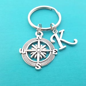 Compass Key Chain  - Compass Keychain -  Personalized Initial Keychain - Personalized Gift - Gift For Him / Her - Compass Silver Charm