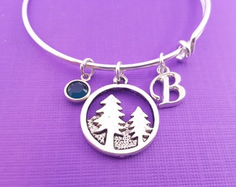 Forest Bangle - Forest Scene Silver Bangle - Adjustable Bangle - Personalized Bracelet - Swarovski Crystal Birthstone Jewelry - Forest Charm