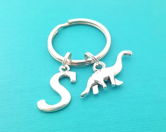 Dinosaur Key Chain - Dinosaur Keychain -  Personalized Initial Keychain - Personalized Gift - Gift for Him / Her - Dinosaur Silver Charm