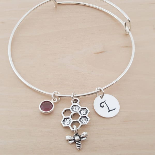 Bee And Honeycomb Bangle - Silver Adjustable Bangle - Personalized Initial - Swarovski Crystal Birthstone Jewelry- Gift For Her