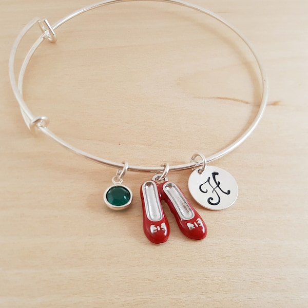 Ruby Slippers Charm - Silver Adjustable Bangle  -  Personalized Initial Bracelet - Swarovski Crystal Birthstone Jewelry - Gift For Her