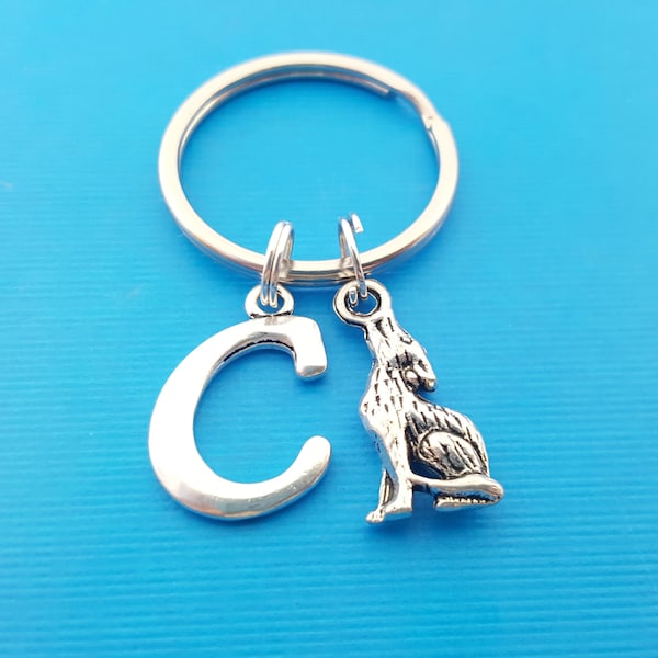 Howling Wolf Keychain - Personalized Initial Keychain - Wolf pack Coyote Key chain - Gift for Him / Her