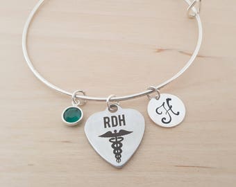 RDH Heart Bangle -  Registered Dental Hygentist - Silver Adjustable Bangle - Personalized Bracelet - Swarovski Crystal Birthstone Jewelry