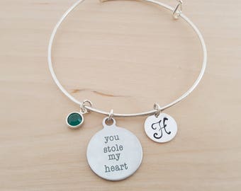 You Stole My Heart Bangle - Silver Adjustable Bangle  -  Personalized Initial Bracelet - Swarovski Crystal Birthstone Jewelry