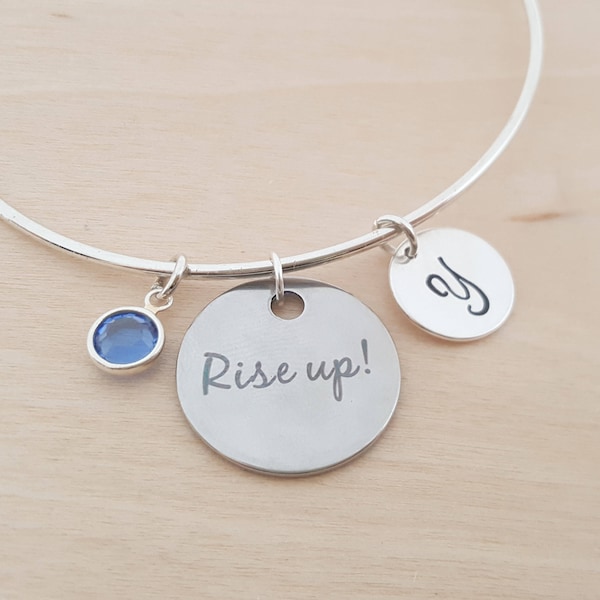 Rise Up - Silver Adjustable Bangle - Personalized Initial Bracelet - Swarovski Crystal Birthstone Jewelry - Gift For Her