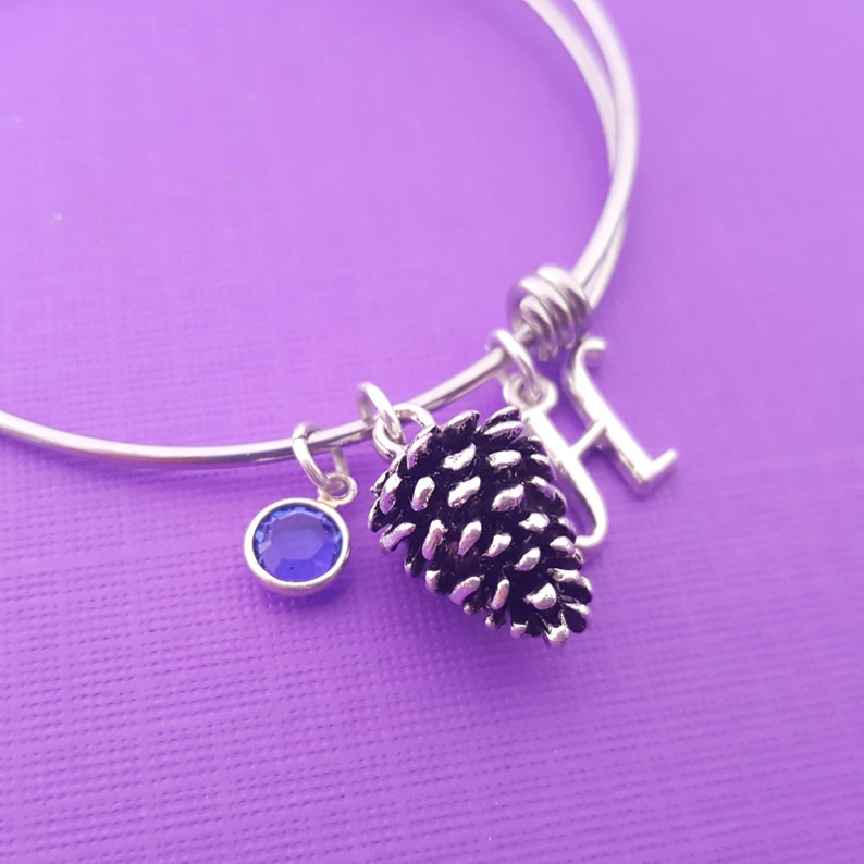 Pinecone Silver Adjustable Bangle Swarovski Crystal Birthstone Jewelry image 2