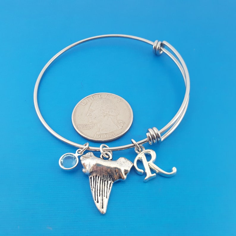 Shark Tooth Charm Silver Adjustable Bangle Swarovski Crystal Birthstone Jewelry image 3