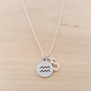 Aquarius Necklace - Zodiac Charm - Zodiac Symbol - Air Sign - Personalized Custom Initial Silver Necklace - Simple Jewelry - Gift for Her