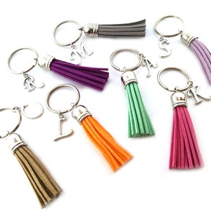 Colored Tassel Initial Keychains -  Faux Leather Tassel Keychains - Silver Keychains - Initial Keychains - Monogram Keychain