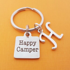 Happy Camper Key Chain  -  Personalized Initial Keychain - Personalized Gift - Gift for Him / Her - Happy Camper Charm