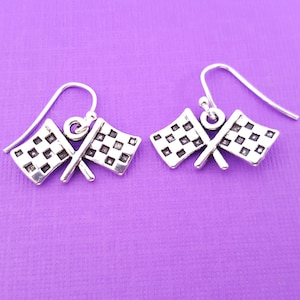 Flag Earrings - Racing Flag Charms -  Sterling Silver Earrings - Silver Jewelry - Silver Racing Flag Earrings - Silver Flag Earrings