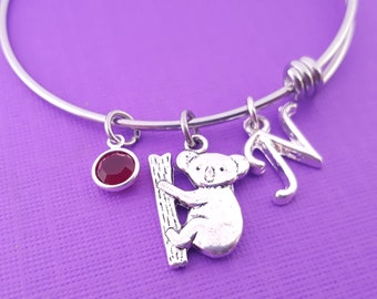 Koala bear Bangle - Adjustable Bangle - Personalized Bracelet - Swarovski Crystal Birthstone Jewelry