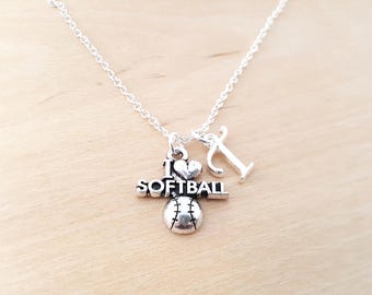 I Love Softball Necklace - Softball Charm - Personalized Necklace - Custom Initial Necklace- Silver Necklace