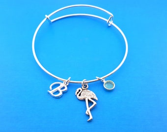 Flamingo Bangle - Flamingo Charm - Silver Adjustable Bangle - Swarovski Crystal Birthstone Jewelry - Flamingo Bracelet - Zoo Animal - Zoo