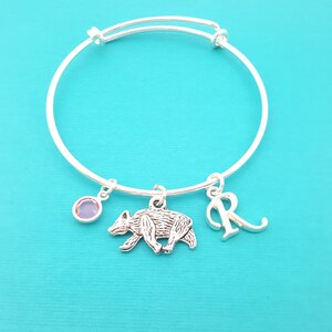 Badger Bangle - Silver Adjustable Bangle - Swarovski Crystal Birthstone Jewelry - Personalized Bangle - Bear Charm - Silver Bear Charm