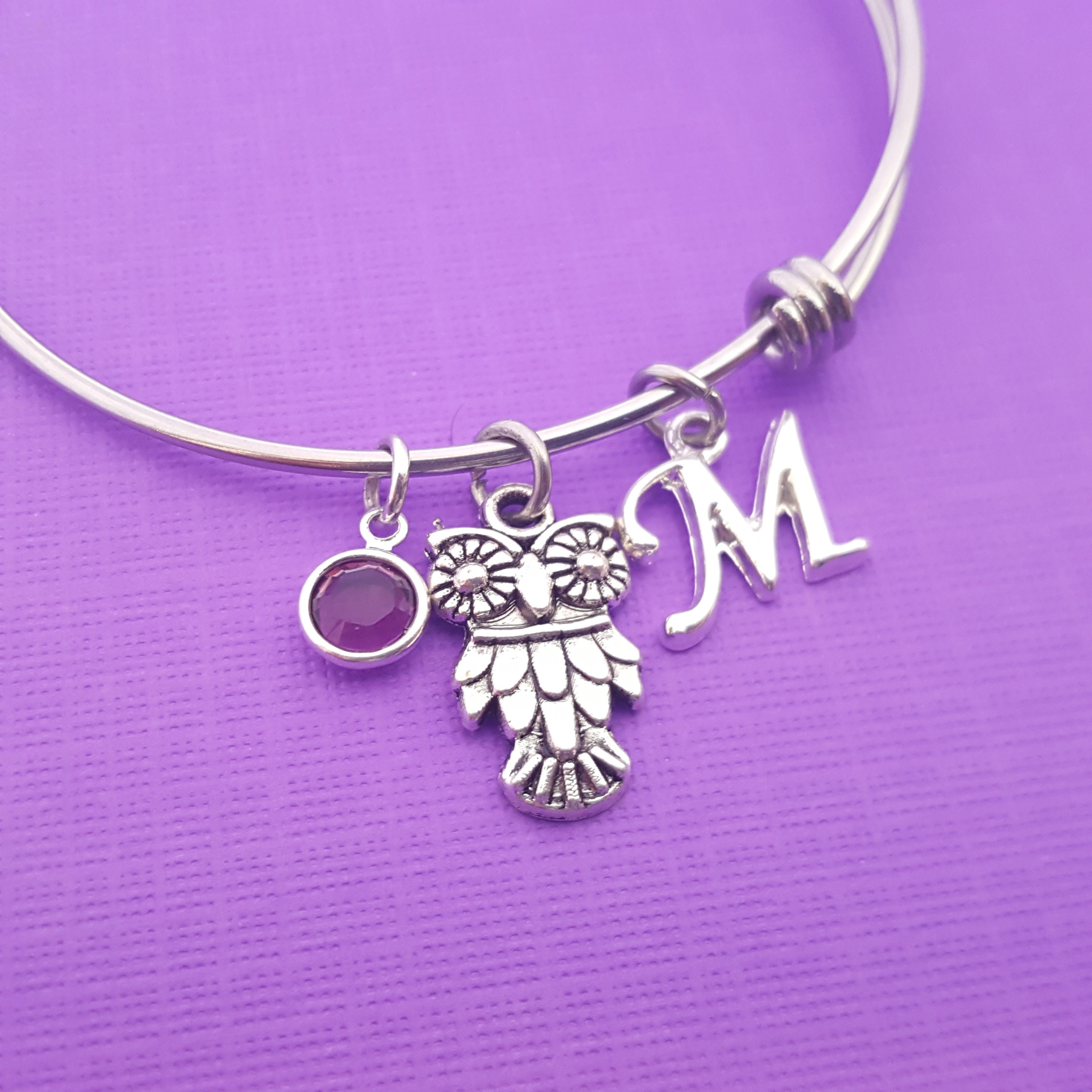 Owl - Silver Adjustable Bangle - Personalized Initial Bracelet - Swarovski Crystal Birthstone Jewelr