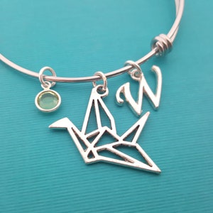 Origami Crane - Silver Adjustable Bangle - Personalized Initial Bracelet - Swarovski Crystal Birthstone Jewelry - Gift For Her