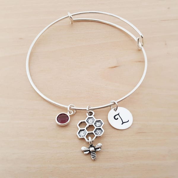 Bee Hive Bangle -  Bee Bangle - Silver Adjustable Bangle - Personalized Bracelet-Swarovski Crystal Birthstone Jewelry