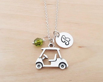 Golf Cart Charm Necklace - Personalized Initial Sterling Silver Custom Jewelry - Gift For Her