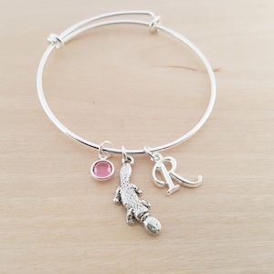 Platypus Bracelet - Animal Bangle - Mammal Bangle - Silver Adjustable Bangle  -  Personalized Initial Bracelet-Swarovski  Birthstone Jewelry